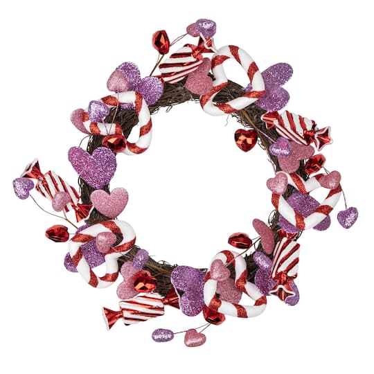 16&#x22; Pink &#x26; Purple Valentine&#x27;s Day Candies &#x26; Hearts Wreath